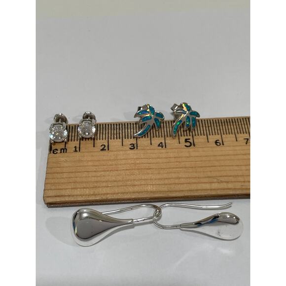 Sterling Silver Earrings 3 Pairs CZ Studs Silver Drops and Blue Opal Palm Trees - Picture 8 of 8
